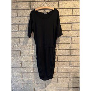 Athleta Black Midi Dress With Gathered Sides & Short Sleeves